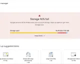 Google One-lagringsutrymme är 96% fullt. 96,48 GB av 100 GB används. Föreslagna åtgärder inkluderar att rensa stora foton, videor och e-postbilagor.