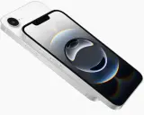 En vit iPhone 16 e med en abstrakt bakgrundsbild på skärmen.