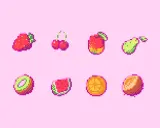 Söta pixel bilder av frukt: jordgubbe, körsbär, äpple, päron, kiwi, vattenmelon, apelsin och persika.