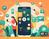 En person interagerar med en stor smartphone, omgiven av ikoner som symboliserar sociala medier och kommunikation. En illustration som visar hur man kan skapa en app.