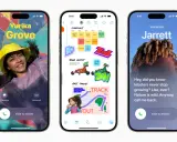 Tre iPhones visar nya funktioner i senaste iOS: en inkommande samtalsskärm med bild, en schemalagd projektplan och ett röstmeddelande.