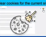En hand klickar på en cookie-ikon för att radera cookies för den aktuella webbplatsen. En kvast sveper bort en bit av en cookie.