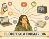 En ung person funderar över flödet av information från sociala medier, nyheter och andra källor som formar hens världsbild.