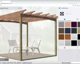 I en gratis ritprogram designas en pergola med stolar och bord. Materialpaletten visar olika träslag och färger.