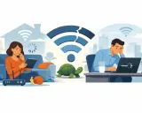 Kvinna och man frustrerade över långsamt internet. Sköldpadda och snigel symboliserar långsam hastighet. Dags att optimera telefon och nätverk!