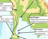 En karta över Thailand, liknande en Google Maps-vy, visar sevärdheter som River Kwai, Khao Sok, Koh Phangan och Koh Samui.