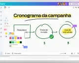 En en datorskärm visas en rita app där en kampanjplan skapas. João och Kátia samarbetar.
