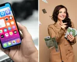 En kvinna i en affärsdräkt kastar pengar. En hand håller en iPhone med appar.