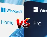 Jämförelse av Windows 11 Home vs Pro. Två förpackningar med Windows 11, en vit för Home och en mörkblå för Pro, står mot varandra.