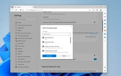 Fönstret "Rensa webbhistorik" i Microsoft Edge visar alternativ för att rensa historik, cookies och cache. Perfekt för att rensa historik android.