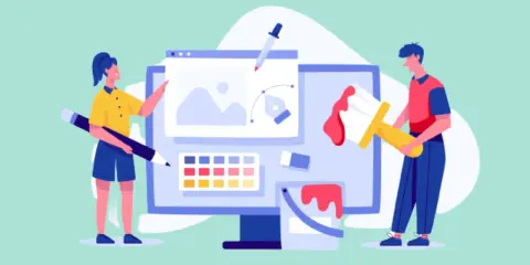Två personer skapar digital konst med ett grafisk design program gratis. En med penna, en med pensel.