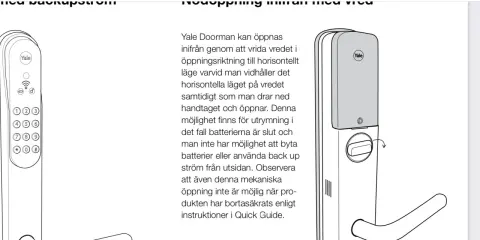 Illustration av ett Yale lås, visar hur man öppnar det inifrån vid strömavbrott, och ger tips om att byta batteri.