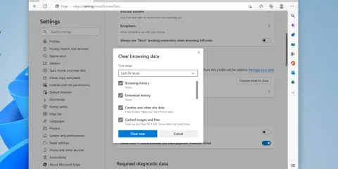 Fönstret "Rensa webbhistorik" i Microsoft Edge visar alternativ för att rensa historik, cookies och cache. Perfekt för att rensa historik android.