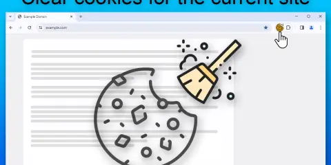 En hand klickar på en cookie-ikon för att radera cookies för den aktuella webbplatsen. En kvast sveper bort en bit av en cookie.