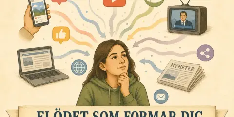 En ung person funderar över flödet av information från sociala medier, nyheter och andra källor som formar hens världsbild.