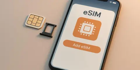 En smartphone visar "Add eSIM" bredvid ett traditionellt SIM-kort och dess hållare.