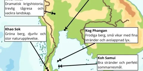 En karta över Thailand, liknande en Google Maps-vy, visar sevärdheter som River Kwai, Khao Sok, Koh Phangan och Koh Samui.