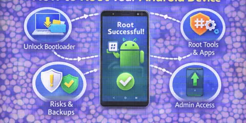 Diagram som visar hur man roota android. Inkluderar steg som "Unlock Bootloader", "Risks & Backups", "Root Tools & Apps" och "Admin Access".
