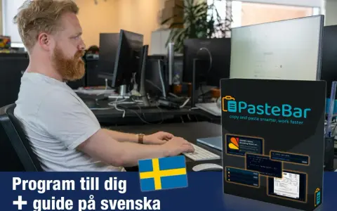 Man som arbetar vid datorn, med en produktbild för PasteBar som visar hur kopierar man på dator. Svensk guide medföljer.