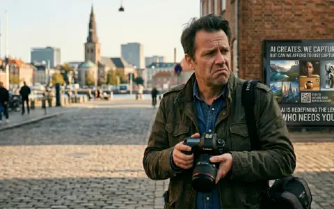 Fotograf med kamera funderar på AI:s roll i att fixa bilder. Stadsbild i bakgrunden.
