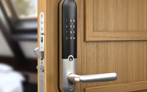 En modern Yale doorman med digitalt tangentbord och handtag på en träport.