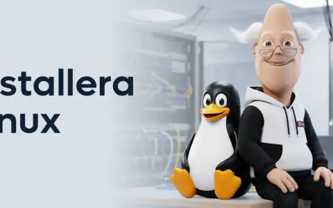 En glad gubbe och pingvinen Tux bredvid texten "Installera Linux" i en serverhall.