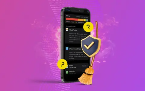 En iPhone visar rekommendationer för att frigöra utrymme, som iCloud Photos och att avlasta oanvända appar. En kvast och en sköld symboliserar städning och säkerhet för dina uppdateringar och appar.
