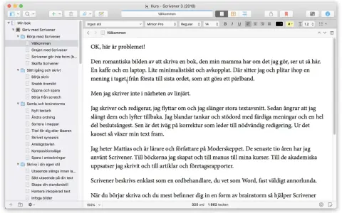 I Scrivener svenska, en textredigerare, visas en kurs om att skriva. En författare delar med sig av sina erfarenheter.