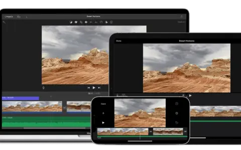 Redigera video på iPhone, iPad och Mac. Flera enheter visar videoredigeringsprogram med en ökenbild.