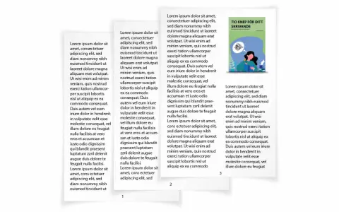 Sidor i InDesign med lorem ipsum-text och en bokomslagstitel "Tio knep för ditt skrivande".