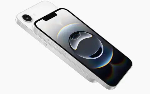 En vit iPhone 16 e med en abstrakt bakgrundsbild på skärmen.