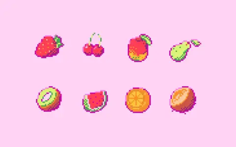 Söta pixel bilder av frukt: jordgubbe, körsbär, äpple, päron, kiwi, vattenmelon, apelsin och persika.