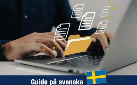 Händer som arbetar på en laptop med en gul mapp och dokumentikoner som flyger runt. En hemlig mapp kan vara en del av en digital organisation.