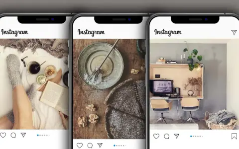 Tre telefoner visar Instagram-flöden: en med fötter i sockor, en med bakverk och en med hemmakontor. Perfekt för att skapa nytt Instagramkonto.