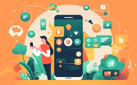En person interagerar med en stor smartphone, omgiven av ikoner som symboliserar sociala medier och kommunikation. En illustration som visar hur man kan skapa en app.