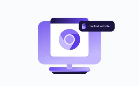 En datorskärm med Chrome-logotypen och en textruta som säger "blocked.website". Detta illustrerar hur man kan blockera hemsidor i Chrome.