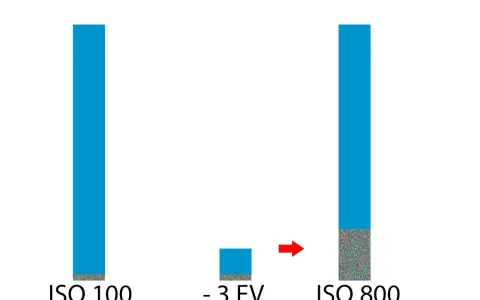 Visar hur brus ökar med högre iso kamera inställningar. Från ISO 100 till ISO 800, med en minskning på -3 EV, syns mer kornighet.