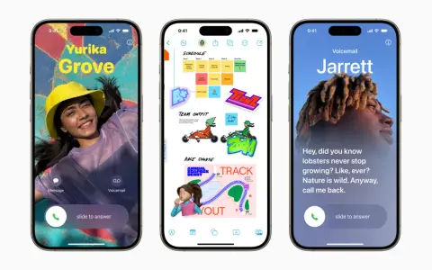 Tre iPhones visar nya funktioner i senaste iOS: en inkommande samtalsskärm med bild, en schemalagd projektplan och ett röstmeddelande.