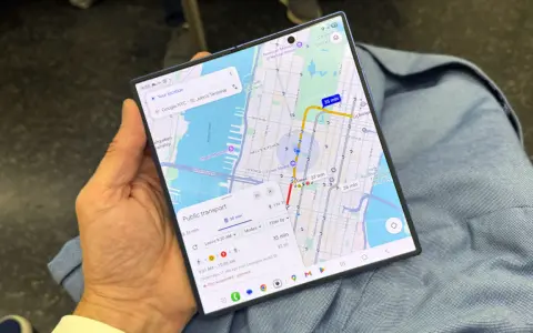 En person håller en vikbar telefon med en karta över New York City. En rutt för kollektivtrafik visas, med en restid på 35 minuter. En perfekt **galaxy unpacked** för att navigera i staden.