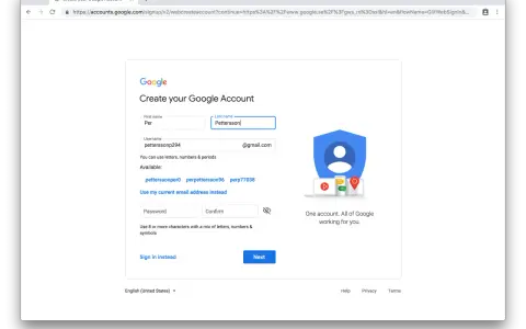 Skapa Google konto: Fyll i dina uppgifter för att skapa ett nytt Google-konto. Välj ett användarnamn och lösenord.