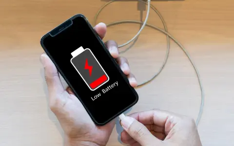 En person försöker ladda sin mobil, men den laddar inte. Batteriikonen visar låg nivå.