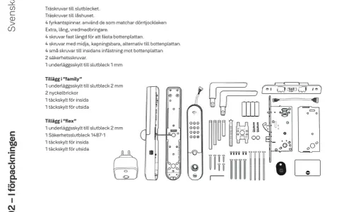 Illustrationer visar delar till Yale Doorman L3 manual, inklusive skruvar, beslag och en digital enhet.