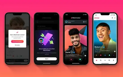 Fyra mobilskärmar visar Tinder Matchmaker. En skärm visar en inbjudan att starta en Matchmaker-session.