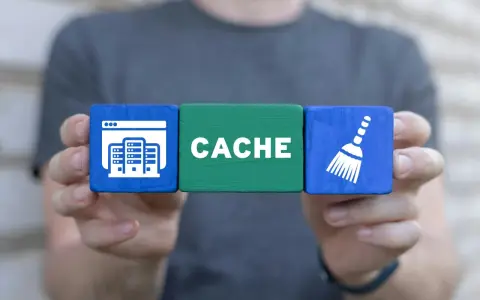 Tre kuber visar ikoner: en webbläsare med servrar, ordet "CACHE" och en sopkvast. Det kan symbolisera rensning av gamla hemsidor.