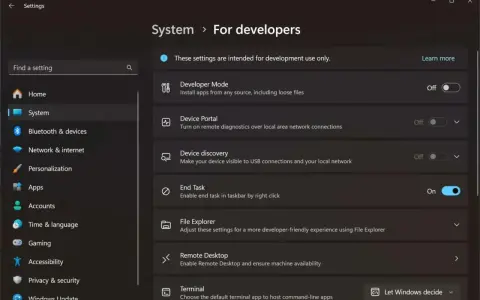 Windows-inställningar för utvecklare. Aktivera "End Task" för att snabbt tvångsavsluta program.