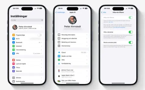 Hitta min iPhone aktiverat på tre iPhones. En visar inställningar, en visar Apple-ID och en visar inställningar för Hitta min iPhone.