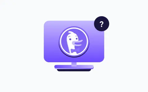 En datormonitor med en DuckDuckGo-logotyp och ett frågetecken.