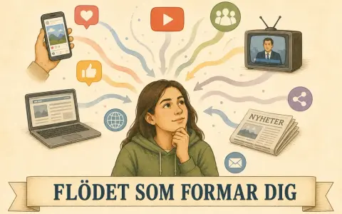 En ung person funderar över flödet av information från sociala medier, nyheter och andra källor som formar hens världsbild.