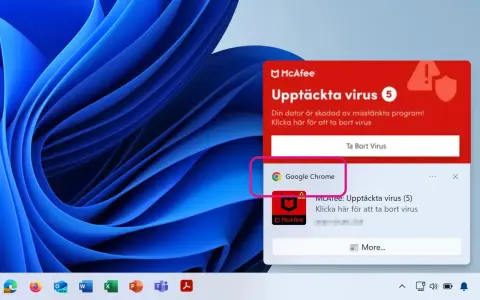Varning från McAfee: Upptäckta virus på datorn. Google Chrome är listad. Klicka för att ta bort virus.