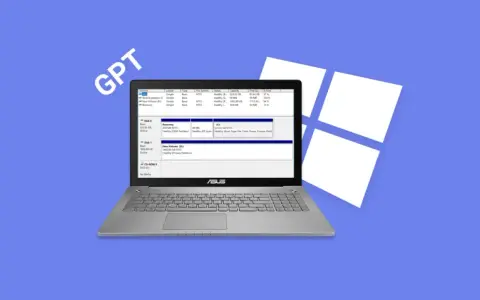 En laptop visar diskhanteringen med GPT-partitionering.